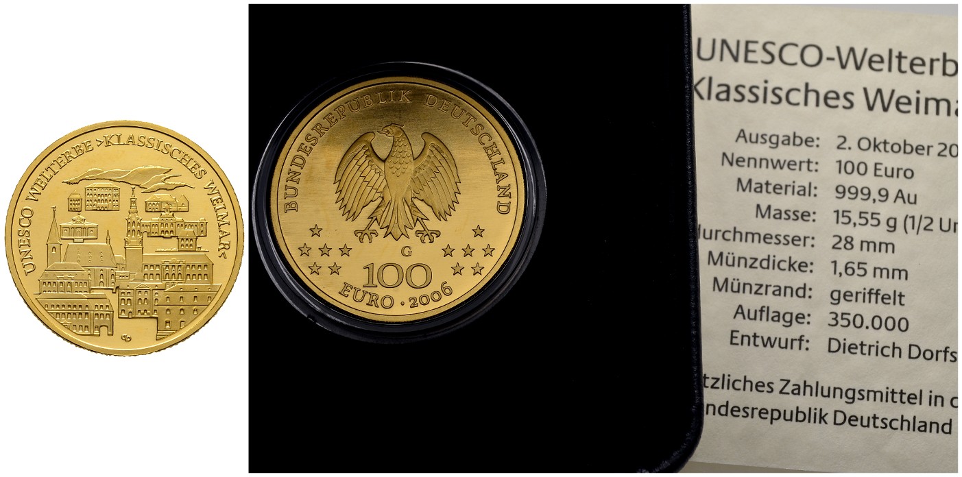 PEUS 7821 BRD 15,55 g Feingold. Weimar incl. Etui und Zertifikat 100 Euro GOLD 2006 G Stempelglanz