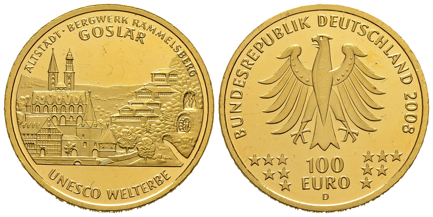 PEUS 7824 BRD 15,55 g Feingold. Goslar 100 Euro GOLD 2008 D München Kl. Kratzer, vorzüglich