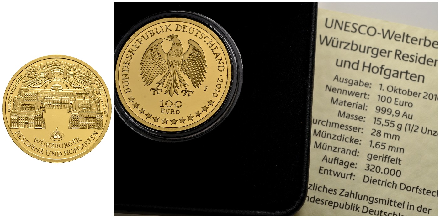 PEUS 7826 BRD 15,55 g Feingold. Würzburg incl. Etui + Zertifikat 100 Euro GOLD 2010 F Stuttgart Stempelglanz