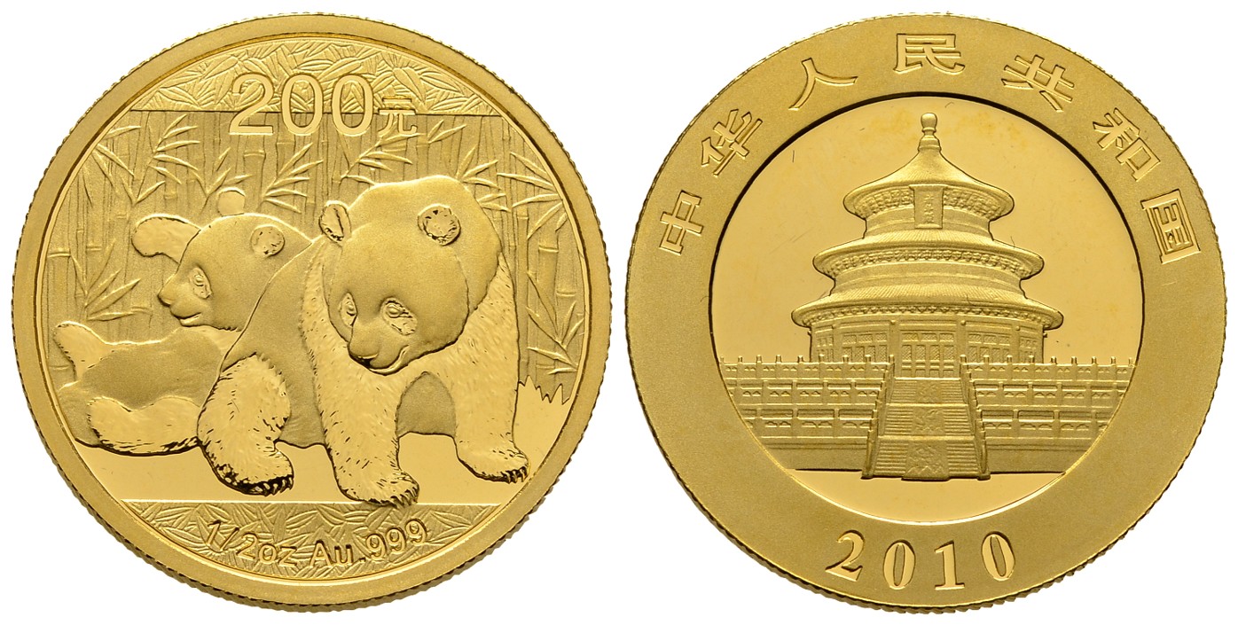 PEUS 7832 China 15,55 g Feingold. Zwei Pandas 200 Yuan GOLD 1/2 Unze 2010 Polierter Platte
