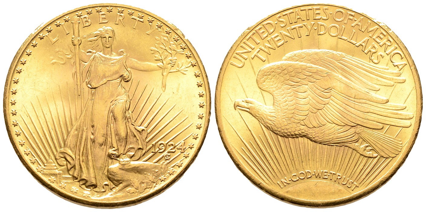PEUS 7854 USA 30,1 g Feingold 20 Dollars GOLD 1924 Kl. Kratzer, Vorzüglich