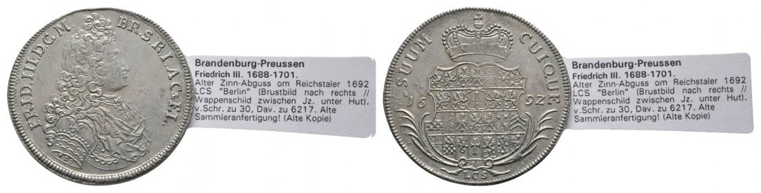  Brandenburg-Preußen, alter Zinnabguß vom Reichstaler 1692 -Fälschung-   