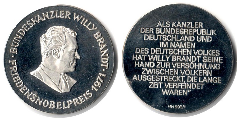  Deutschland Medaille 1971 FM-Frankfurt Feingewicht: 15g Silber Willy Brandt Friedensnobelpreis   