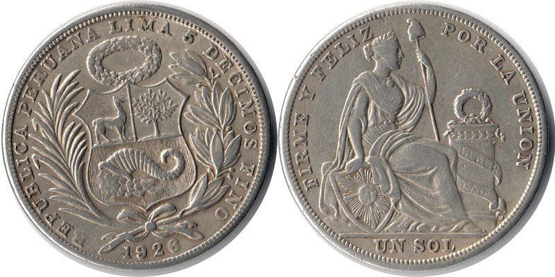  Peru  1 Sol  1926  FM-Frankfurt  Feingewicht: 12,5g  Silber  sehr schön   