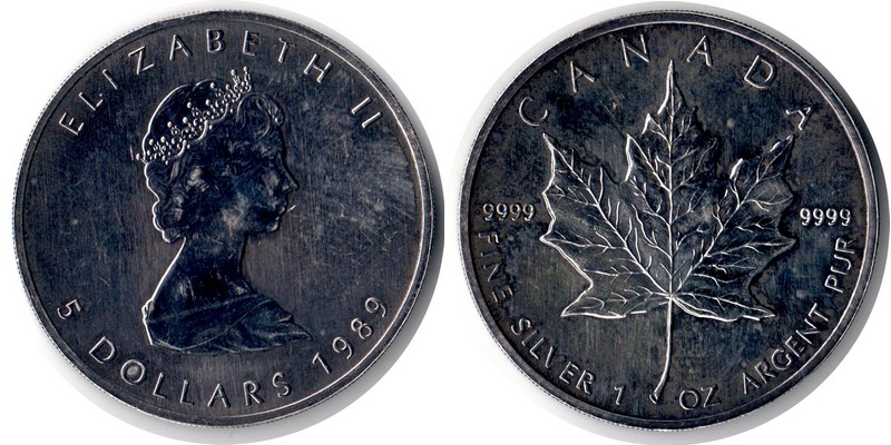  Kanada  5 Dollar (Maple Leaf) 1989 FM-Frankfurt Feingewicht: 31,1g Silber sehr schön   
