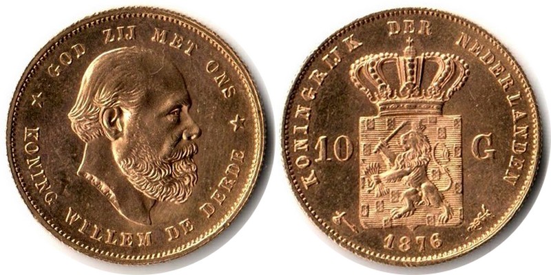 Niederlande MM-Frankfurt  Feingewicht: 6,06g Gold 10 Gulden 1876 sehr schön