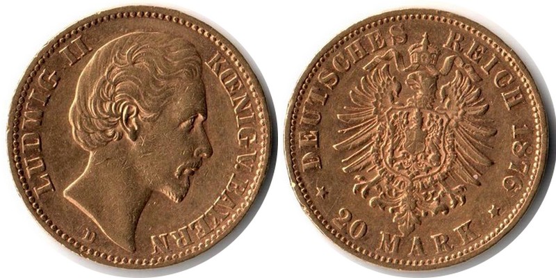 Bayern, Königreich MM-Frankfurt Feingewicht: 7,17g Gold 20 Mark 1876 D sehr schön
