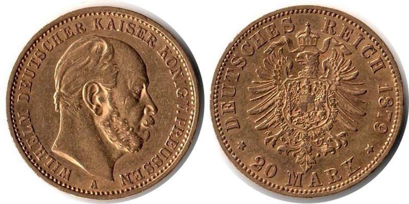 Preussen, Königreich MM-Frankfurt Feingewicht: 7,17g Gold 20 Mark 1879 A sehr schön