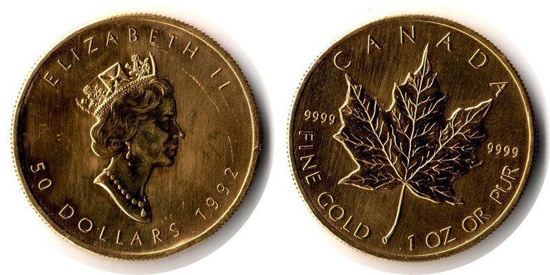 Kanada MM-Frankfurt Feingewicht: 31,1g Gold 50 Dollar (Maple Leaf) 1992 vorzüglich (Kratzer)