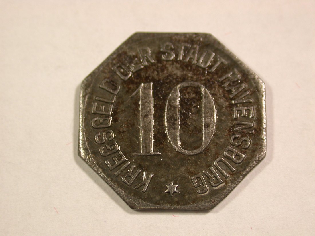  B16  Ravensburg 10 Pfennig 1918 in Eisen  achteckig in ss/ss+ Originalbilder   