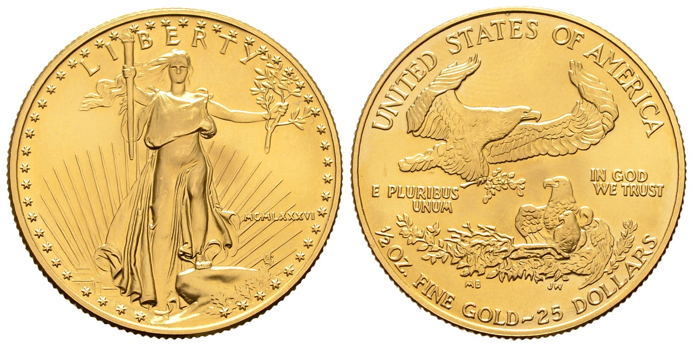 PEUS 7910  USA 15,55 g Feingold. 25 Dollars GOLD 1/2 Unze 1986 Stempelglanz