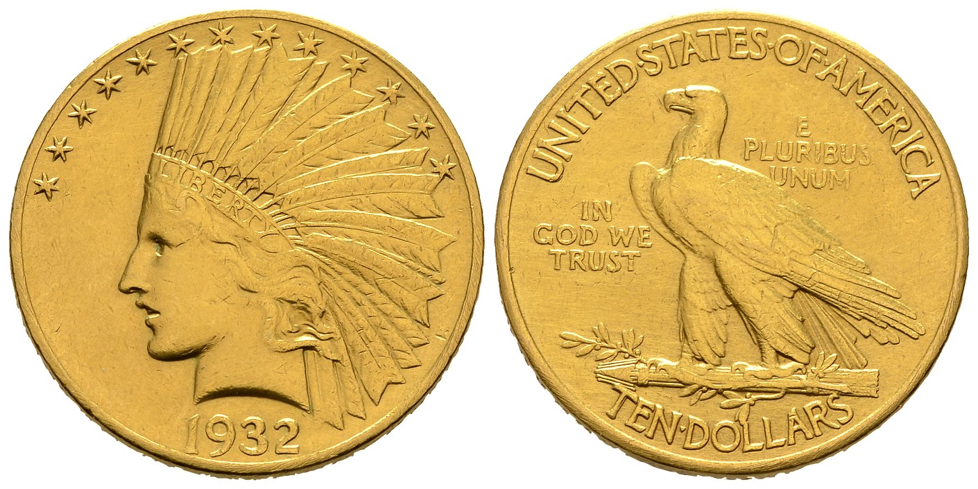 PEUS 7911 USA 15,05 Feingold. Indian Head 10 Dollars GOLD 1932 Henkelspuren, Sehr schön