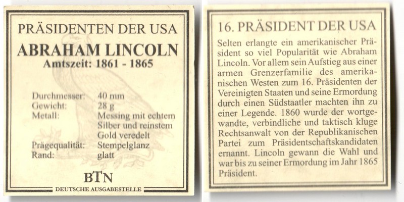  USA  Medaille 'Abraham Lincoln'  FM-Frankfurt  Gewicht: 28g  stg   