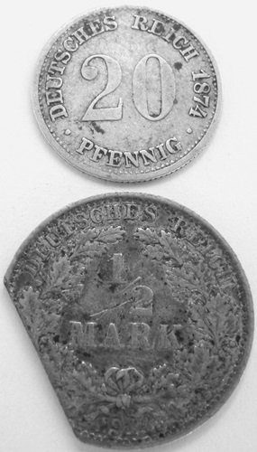  20 Pf 1874 G und 1/2 Mark 1914 A beschnitten   