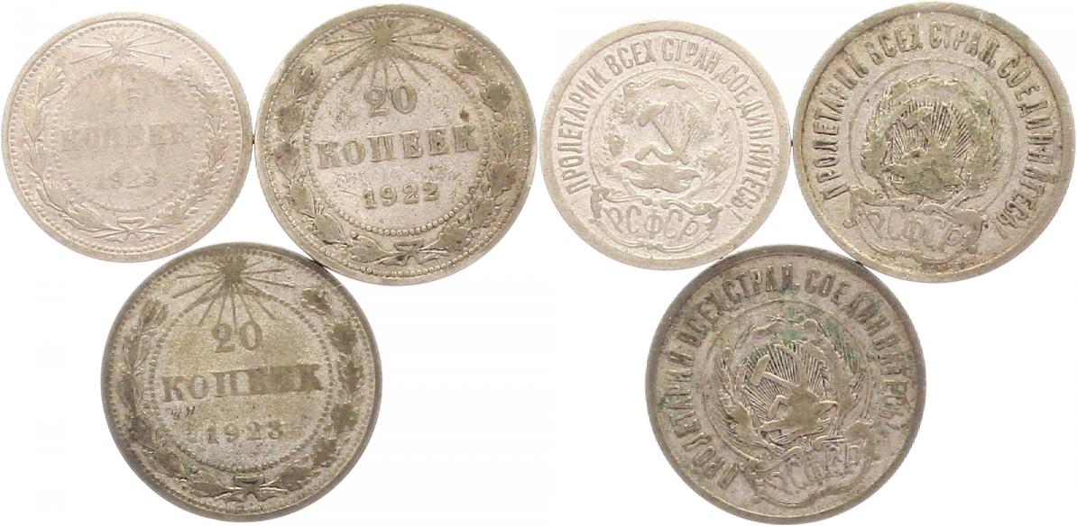  7789 Russland 20 Kopeken 1922, 1923 und 15 Kopeken 1923 schön   