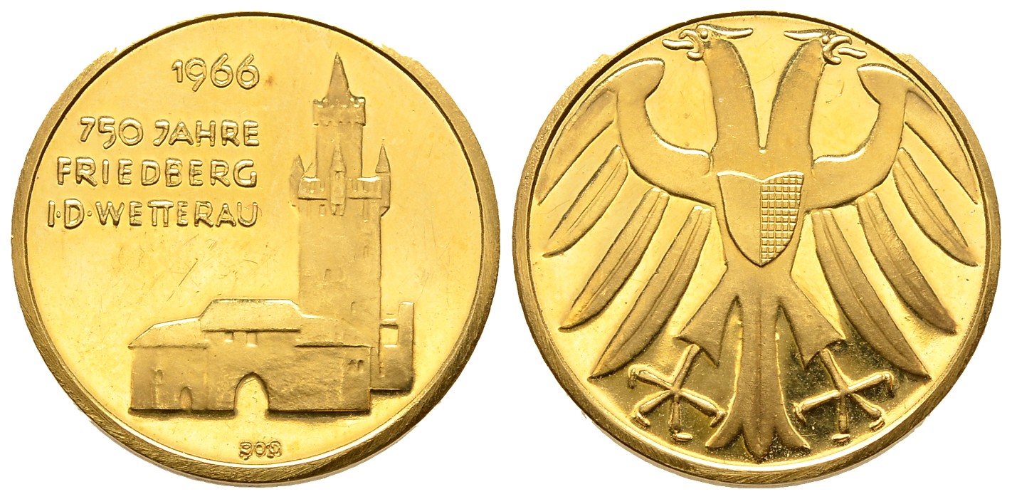 PEUS 7930 BRD, Friedberg 22 mm / 6,95 g Feingold. Burgansicht 750 Jahre / Stadtwappen Goldmedaille 1966 Vorzüglich