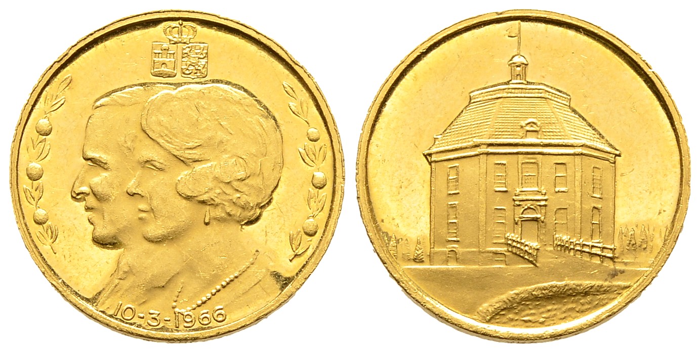 PEUS 7932 Niederlande 18 mm / 3,44 g Feingold. Beatrix & Claus / Schloss Drakensteyn Goldmedaille 10.03.1966 Vorzüglich +