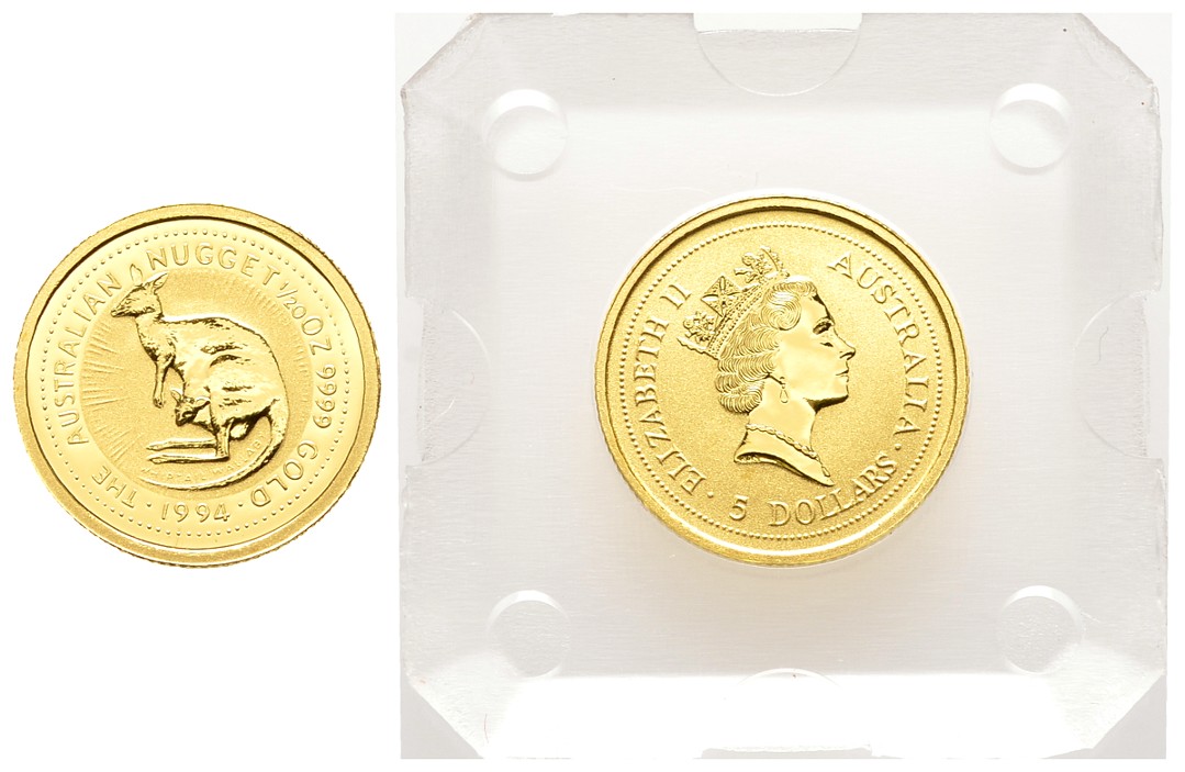 PEUS 7933 Australien 1,56 g Feingold. Zwei Kängurus 5 Dollars GOLD 1/20 Unze 1994 Uncirculated (in Originalkapsel)