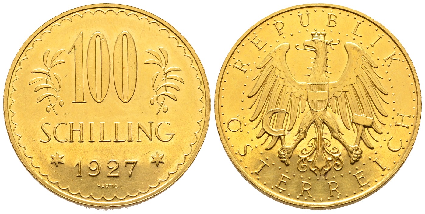 PEUS 7936 Österreich 21,17 g Feingold 100 Schilling GOLD 1927 Kl. Kratzer, Vorzüglich