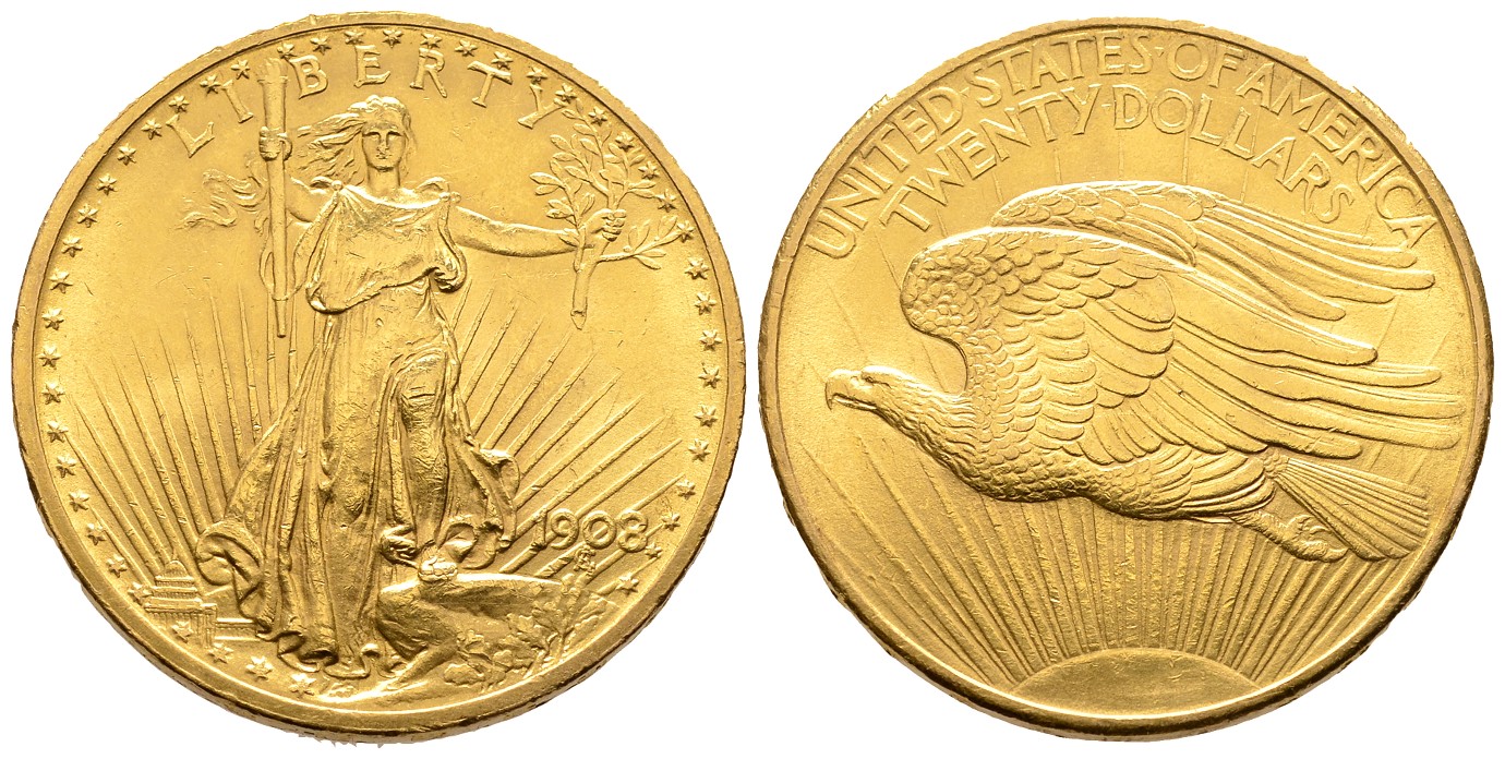 PEUS 7637 USA 30,1 g Feingold 20 Dollars GOLD 1908 Sehr schön +
