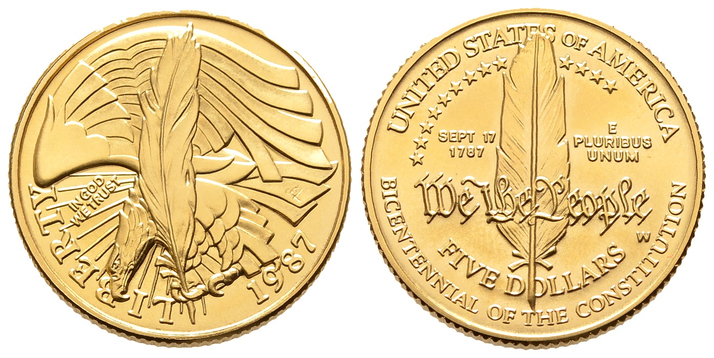PEUS 7938 USA 7,52 g Feingold. Constitution Bicentennial 5 Dollars GOLD 1987 Stempelglanz