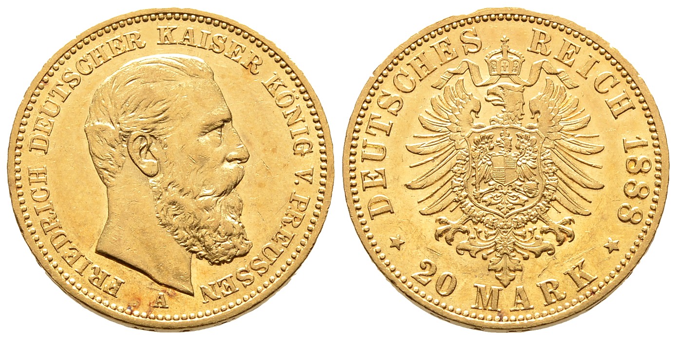 PEUS 7939 Kaiserreich - Preußen 7,17 g Feingold. Friedrich III.(09.03. - 15.06.1888) 20 Mark GOLD 1888 A Kl. Kratzer, vorzüglich