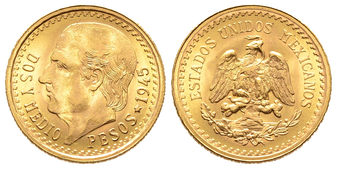 PEUS 7943 Mexiko 1,88 g Feingold. Miguel Hidalgo y Costilla 2 1/2 Pesos GOLD 1945 Fast stempelglanz