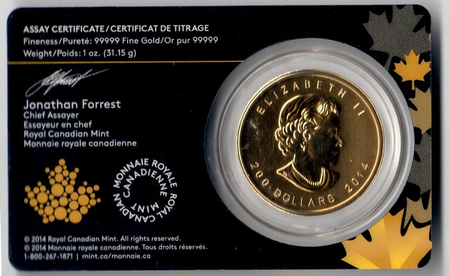 Kanada MM-Frankfurt Feingewicht: 31,1g Gold 200 Dollar (Wolf) 2014 stempelglanz im Blister