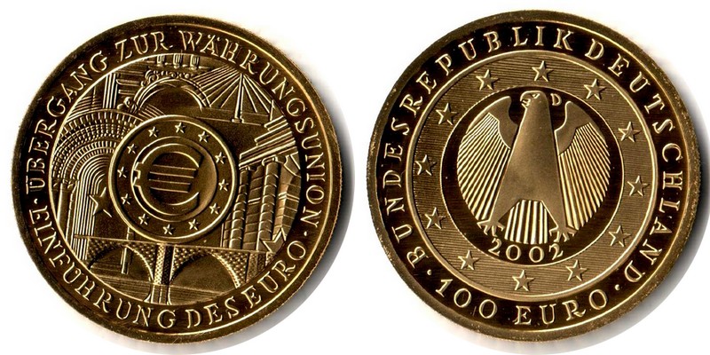 BRD MM-Frankfurt  Feingewicht: 31,1g Gold 100 EUR (Einführung EURO) 2002 D stempelglanz