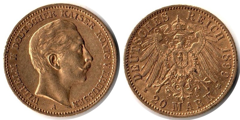 Preussen, Königreich MM-Frankfurt  Feingewicht: 7,17g Gold 20 Mark 1899 A sehr schön