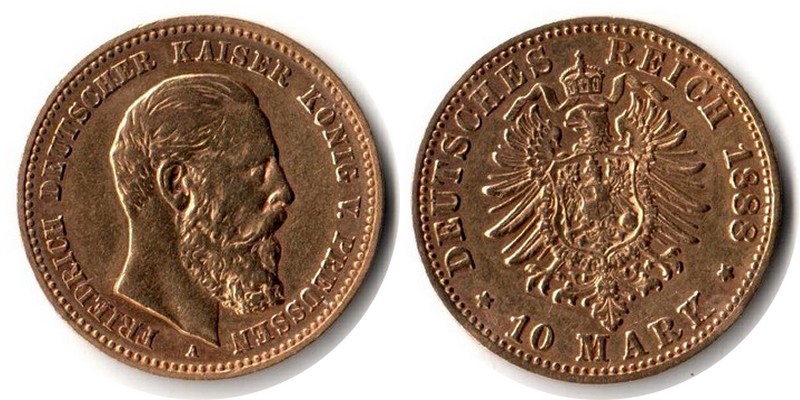 Preussen, Kaiserreich MM-Frankfurt Feingewicht: 3,58g Gold 10 Mark 1888 A sehr schön / vorzüglich