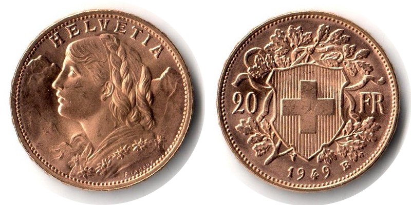 Schweiz MM-Frankfurt Feingewicht: 5,81g Gold 20sFR (Vreneli) 1949 sehr schön / vorzüglich