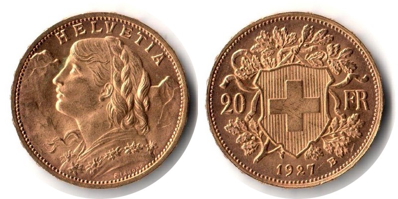 Schweiz MM-Frankfurt Feingewicht: 5,81g Gold 20sFR (Vreneli) 1927 B sehr schön / vorzüglich