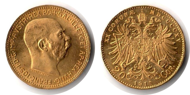 Österreich MM-Frankfurt Feingewicht: 6,10g Gold 20 Kronen 1915 sehr schön