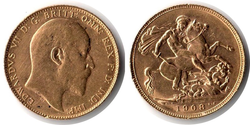 Grossbritannien MM-Frankfurt Feingewicht: 7,32g Gold Sovereign 1908 sehr schön