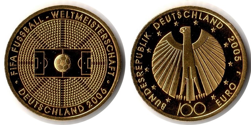 BRD MM-Frankfurt Feingewicht: 15,55g Gold 100 EUR (FIFA) 2005 stempelglanz