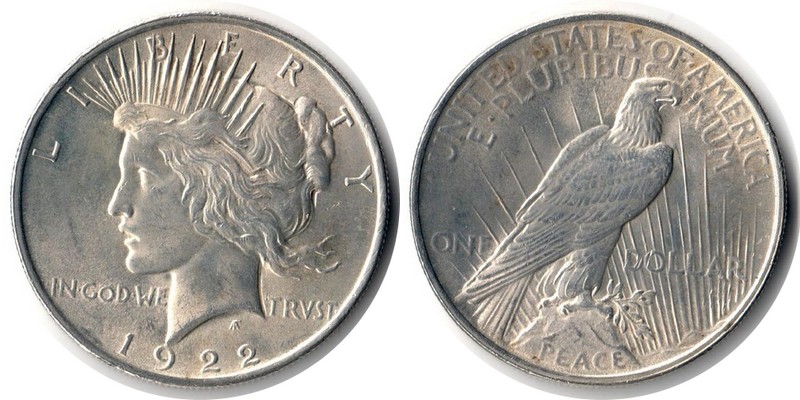  USA  1 Dollar (Peace Dollar) 1922  FM-Frankfurt Feingewicht: 24,06g Silber ss/vz   