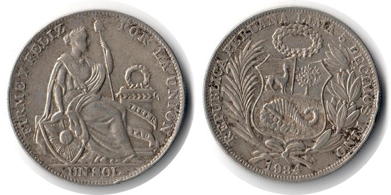  Peru  1 Sol  1934  FM-Frankfurt  Feingewicht: 12,5g  Silber  sehr schön   