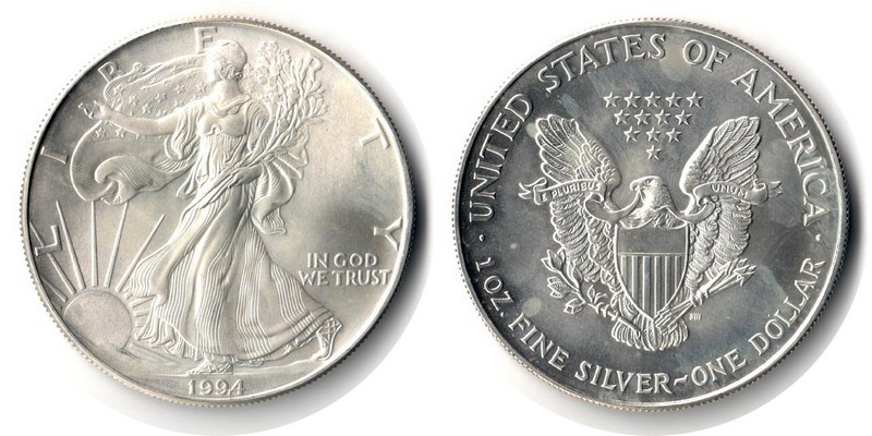  USA  1 Dollar (American Eagle) 1994 FM-Frankfurt Feingewicht: 31,1g Silber   vorzüglich (fleckig)   