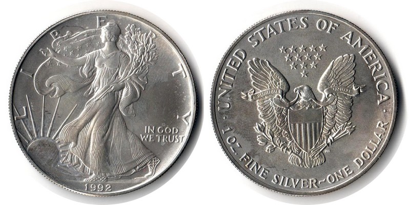  USA  1 Dollar (American Eagle) 1992 FM-Frankfurt Feingewicht: 31,1g Silber   vorzüglich   