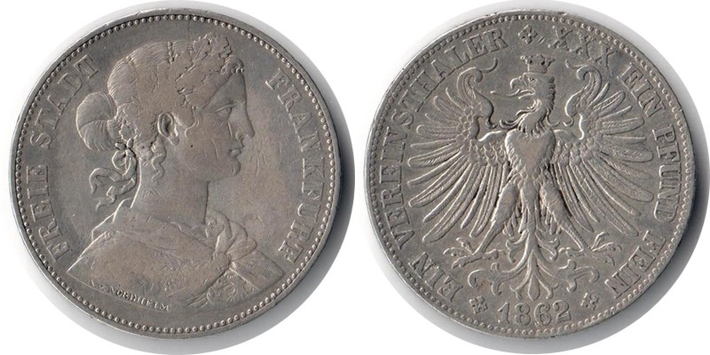  Frankfurt  1 Vereinstaler  1862  FM-Frankfurt  Feingewicht: 16,67g  Silber sehr schön   