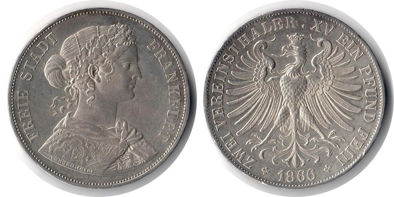  Frankfurt  Zwei Vereinsthaler  1866  FM-Frankfurt  Feingewicht: 33,26g  Silber sehr schön/vorzüglich   