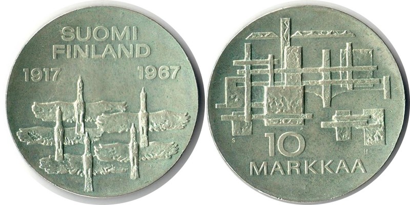  Finnland  10 Markkaa  1967  FM-Frankfurt  Feingewicht: 21,38g  Silber  vorzüglich   