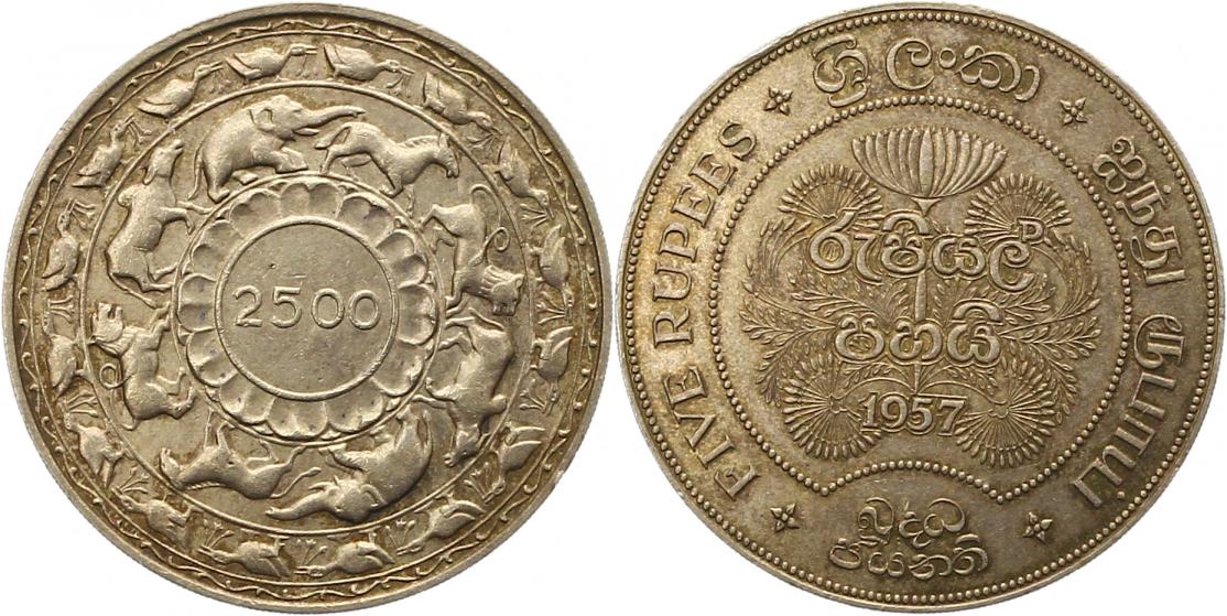  7808 Ceylon 5 Rupien 1957  26,14 Gramm Silber fein sehr schön - vorzüglich   