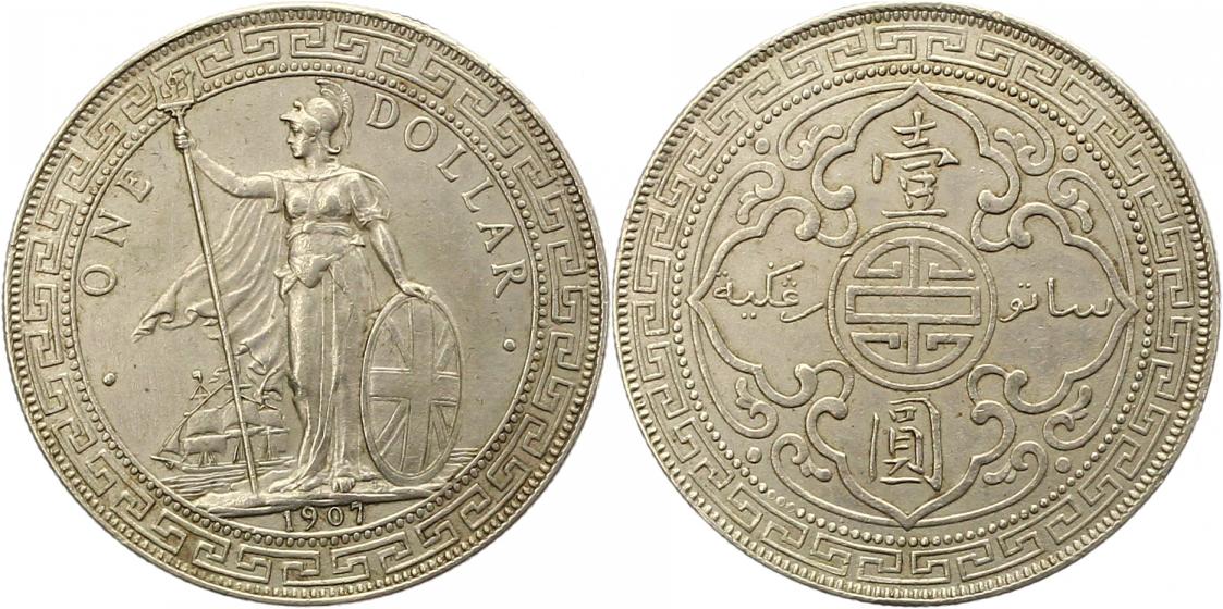  7813 Großbritannien Trade Dollar 1907 24,26 Gramm Silber fein Randfehler, sehr schön   