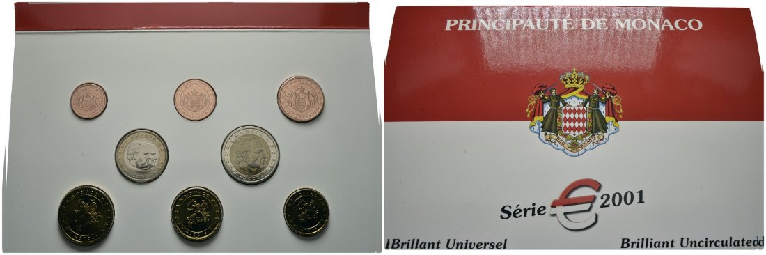 PEUS 8021 Monaco In Originalverpackung KMS Euro (8 Münzen) 2001 Brilliant Uncirculated (eingeschweißt)