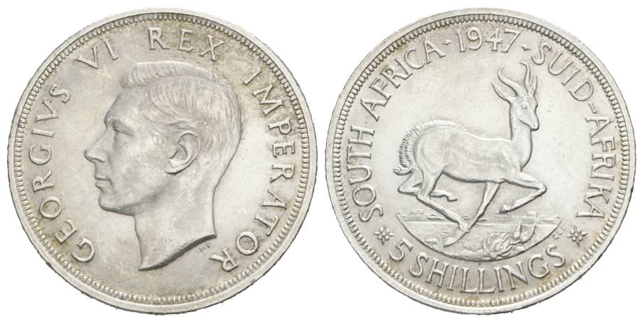  Südafrika, 5 Shilling 1947; AG 28,23 g   