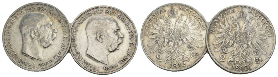  Österreich, 2 Kleinmünzen (2 Kronen 1913/1912)   