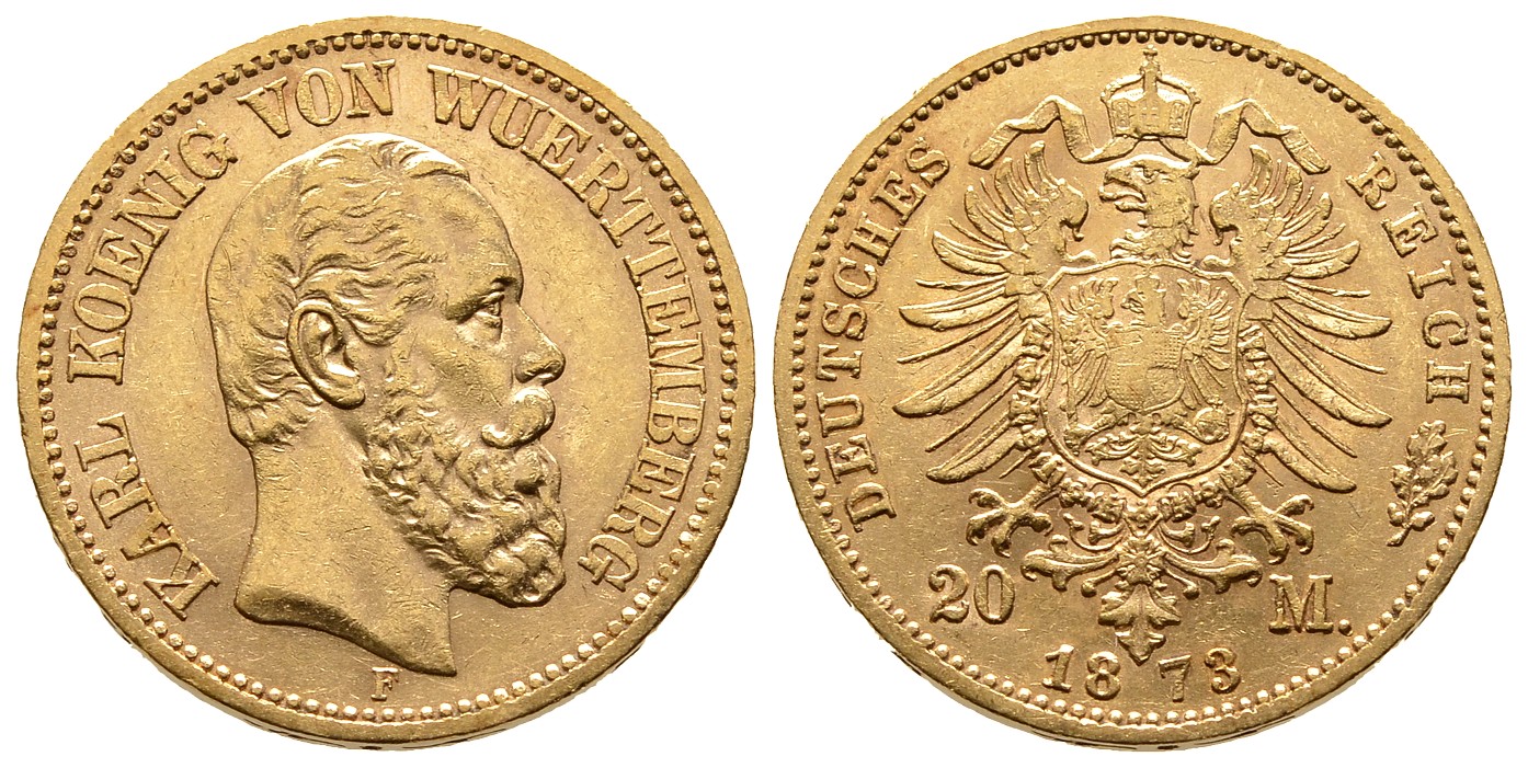 PEUS 8026 Kaiserreich - Württemberg 7,17 g Feingold. Karl (1864 - 1891) 20 Mark GOLD 1873 F Stuttgart Sehr schön