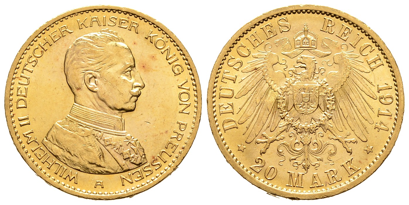 PEUS 8034 Kaiserreich - Preußen 7,17 g Feingold. Kaiser in Kürassieruniform 20 Mark GOLD 1914 A Kl. Kratzer, Vorzüglich +